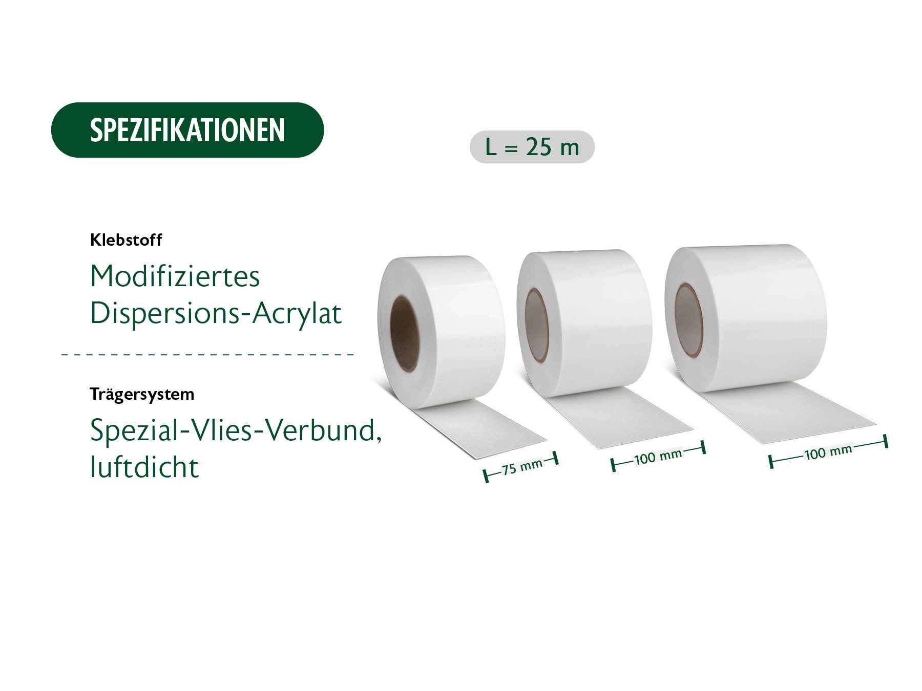 Spezifikationen Orcano White; Klebstoff Modifiziertes Dispersions-Acrylat & Trägersystem Spezial-Vlies-Verbund